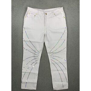 DG2 Diane Gilman Jeans 10P Stretch Sequins White Taper Embellish Wide Thigh